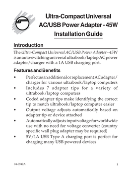 Ultra-Compact Universal AC/USB Power Adapter - 45W Installation Guide