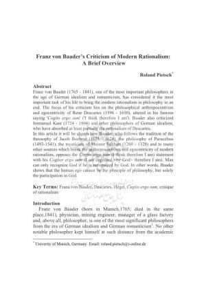 Franz Von Baader's Criticism of Modern Rationalism: a Brief Overview