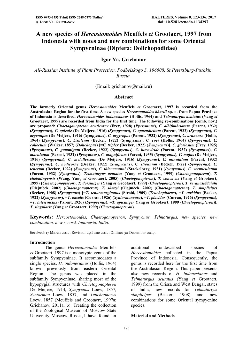 A New Species of Hercostomoides Meuffels Et Grootaert, 1997 from Indonesia with Notes and New Combinations for Some Oriental Sympycninae (Diptera: Dolichopodidae)