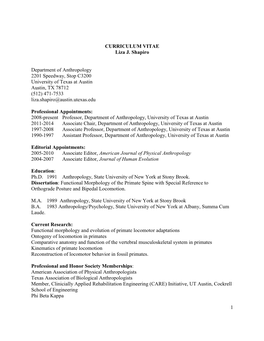 1 CURRICULUM VITAE Liza J. Shapiro Department Of