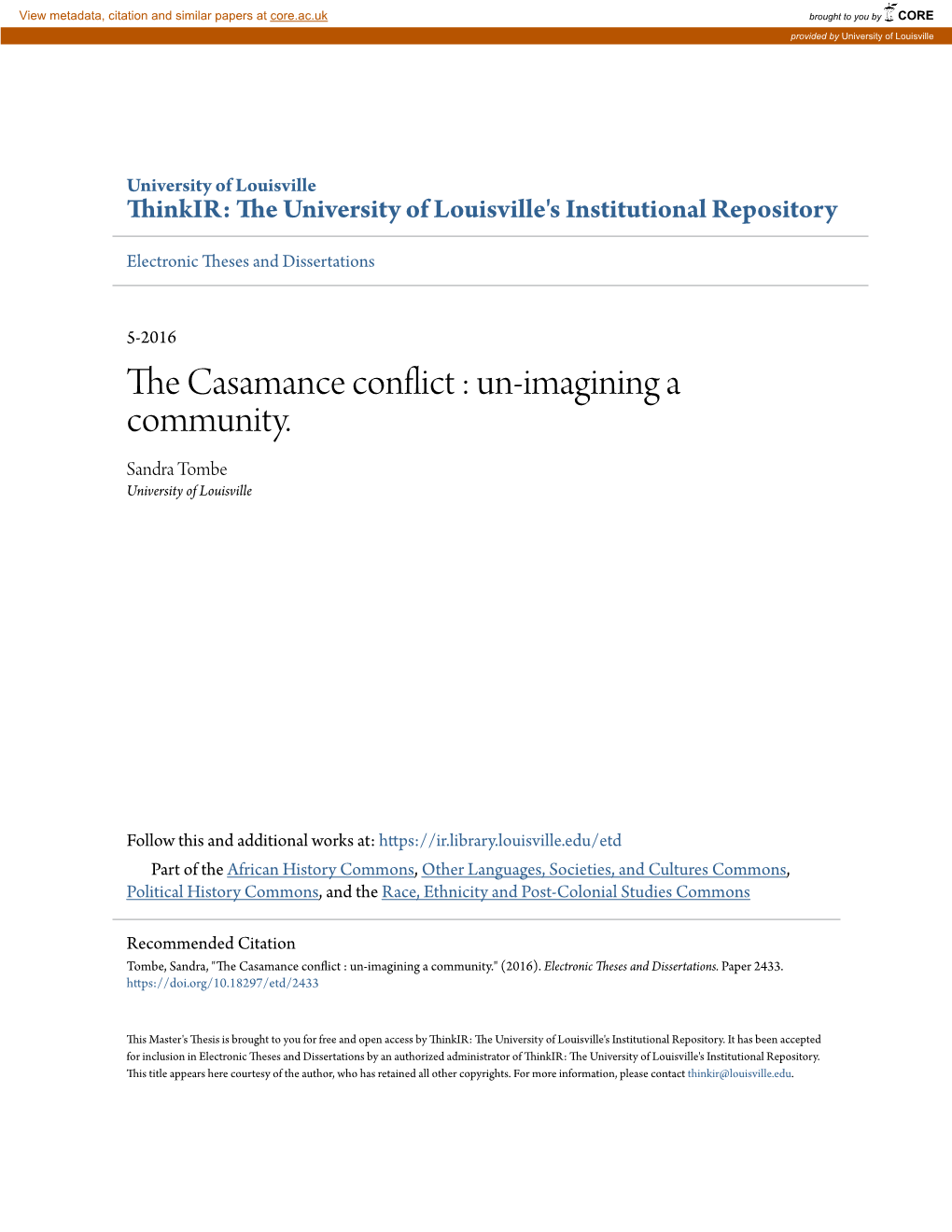 The Casamance Conflict: Un-Imagining a Community