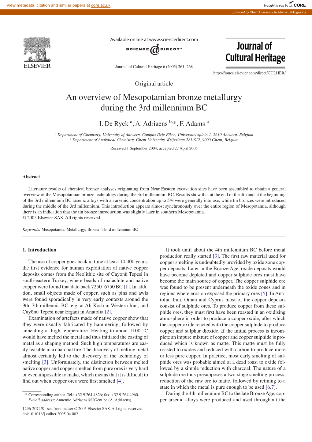 An Overview of Mesopotamian Bronze Metallurgy During the 3Rd Millennium BC