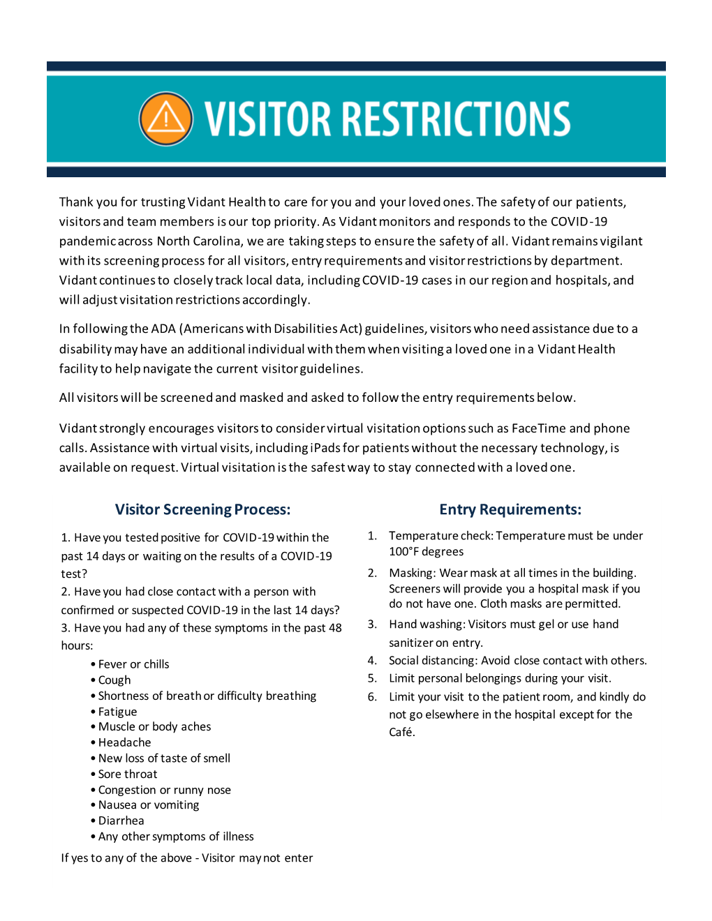 Visitor Screening Process: Entry Requirements