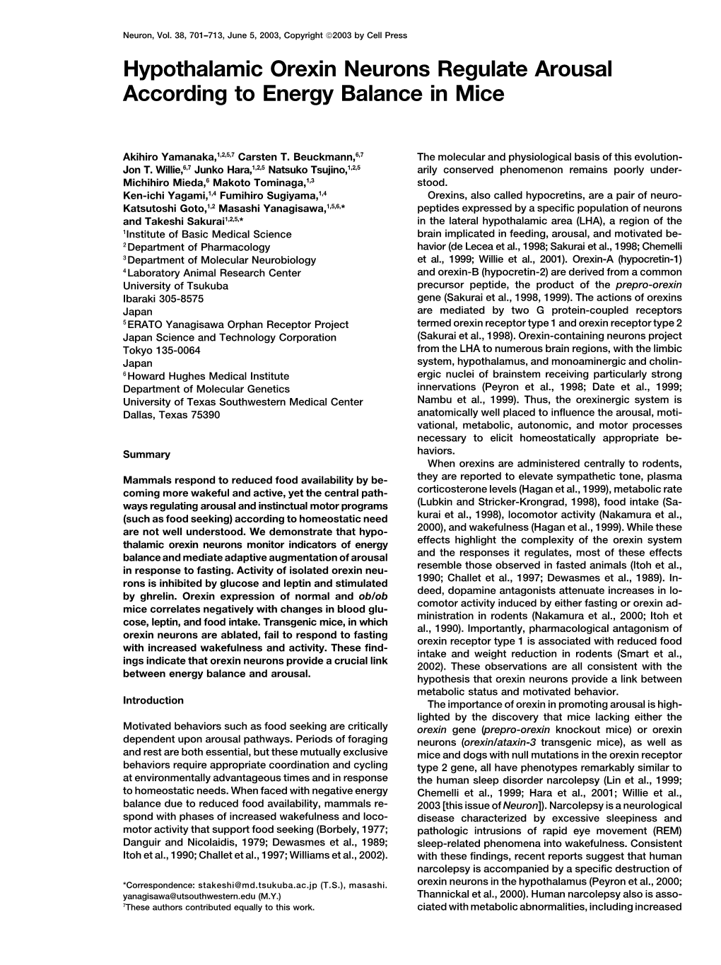 Hypothalamic Orexin Neurons Regulate Arousal According to Energy Balance in Mice