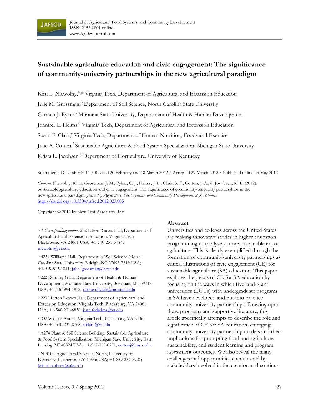 Sustainable Agriculture Education and Civic Engagement: the Significance of Community-University Partnerships in the New Agricultural Paradigm