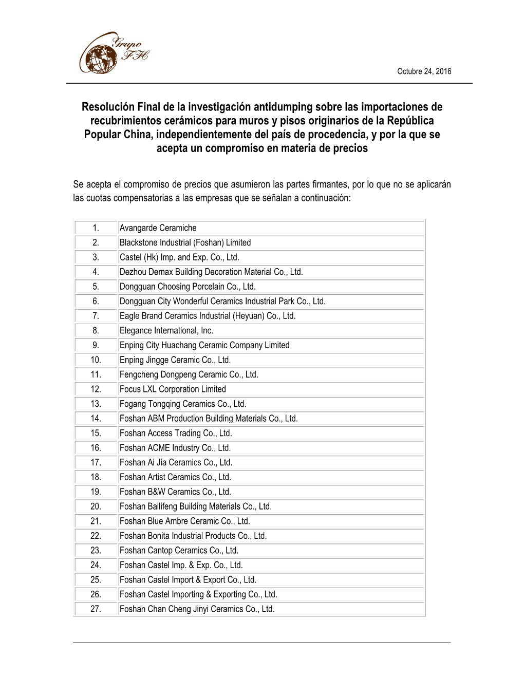 Resolución Final De La Investigación Antidumping Sobre Las