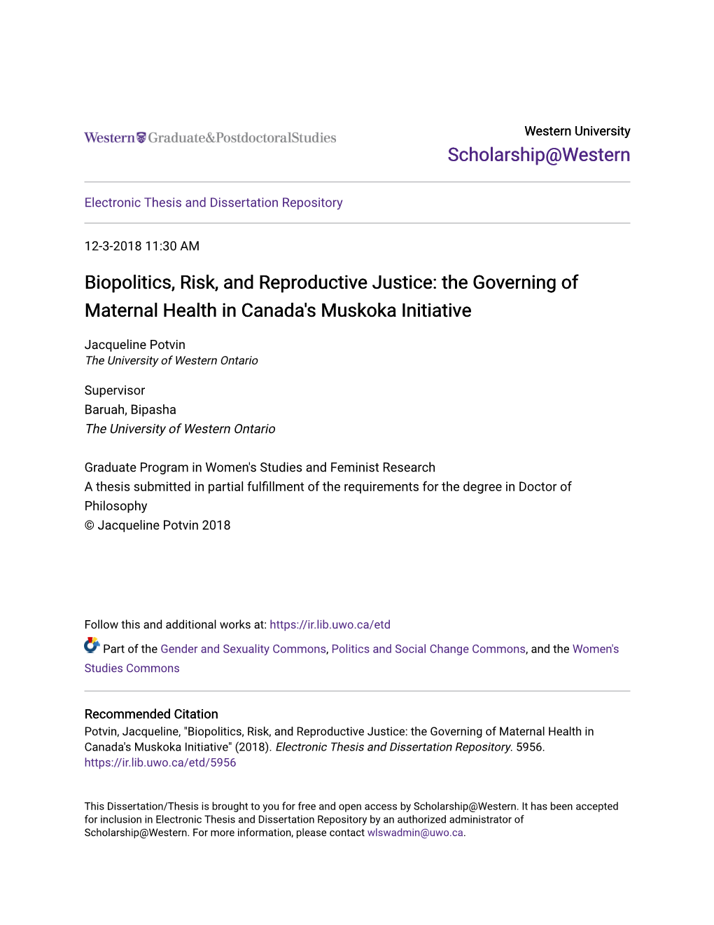 Biopolitics, Risk, and Reproductive Justice: the Governing of Maternal Health in Canada's Muskoka Initiative