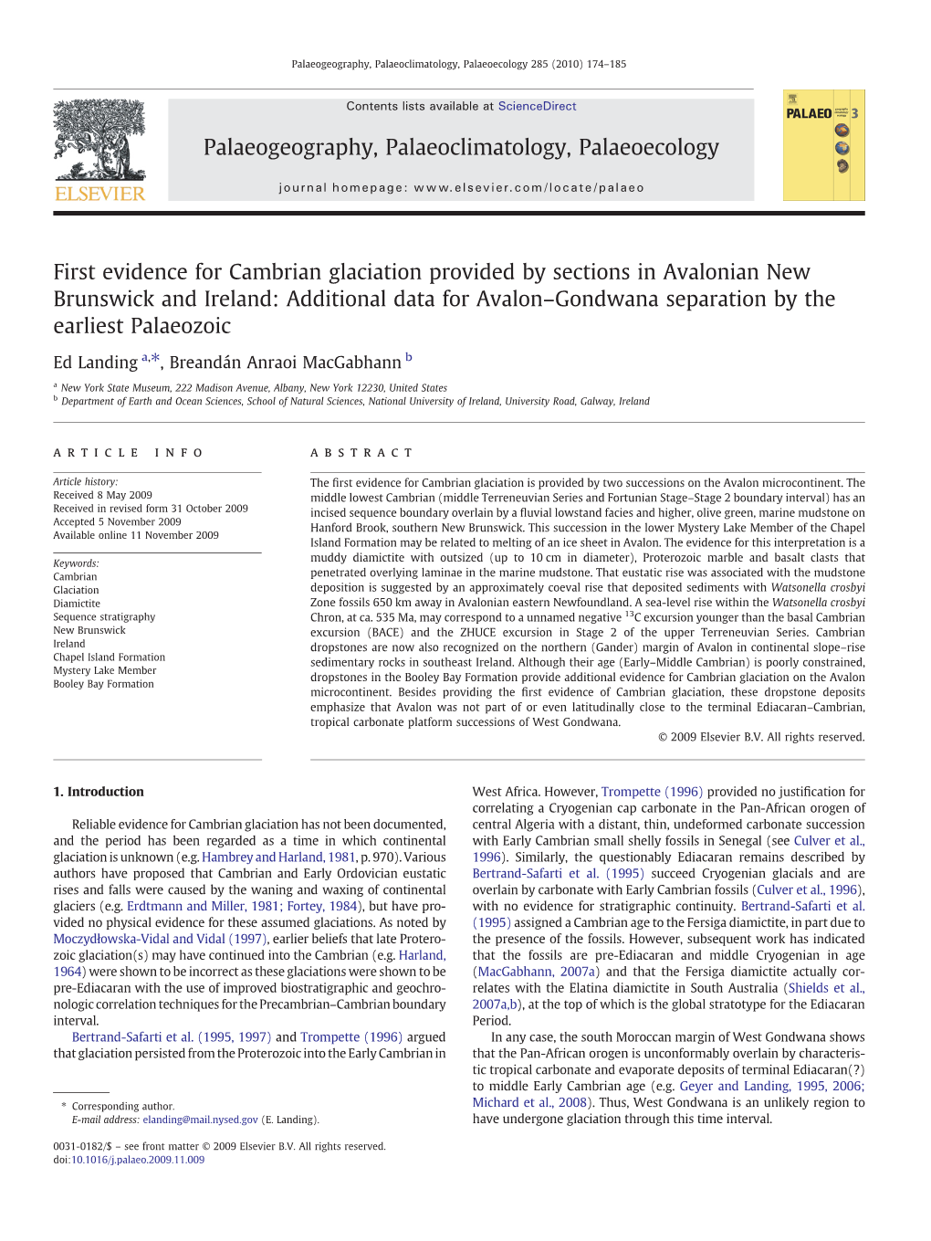 First Evidence for Cambrian Glaciation Provided By