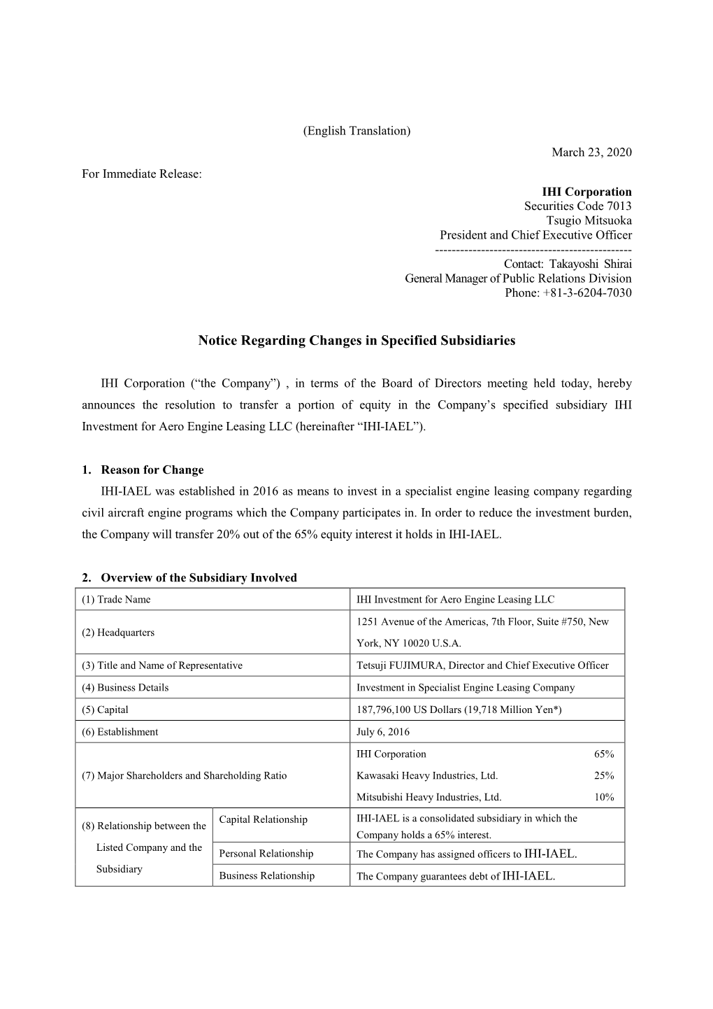 Notice Regarding Changes in Specified Subsidiaries