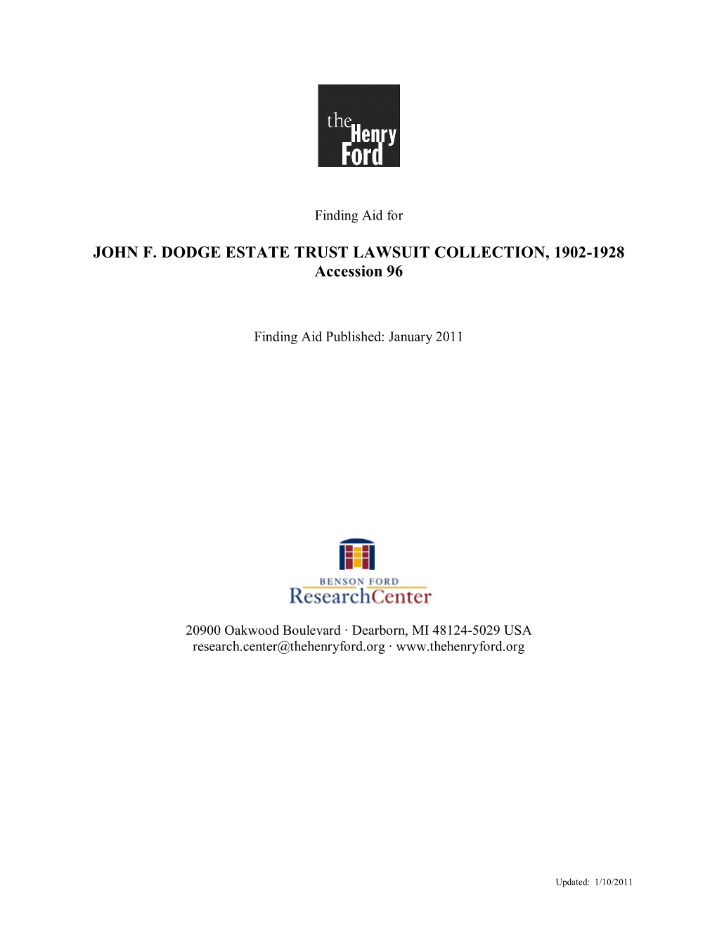 Finding Aid for the John F. Dodge Estate Trust Lawsuit Collection