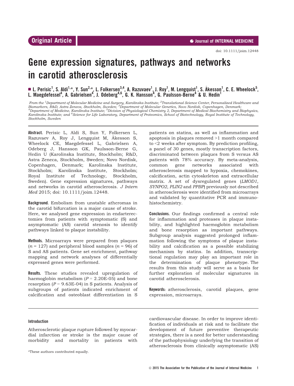 Gene Expression Signatures, Pathways and Networks in Carotid Atherosclerosis