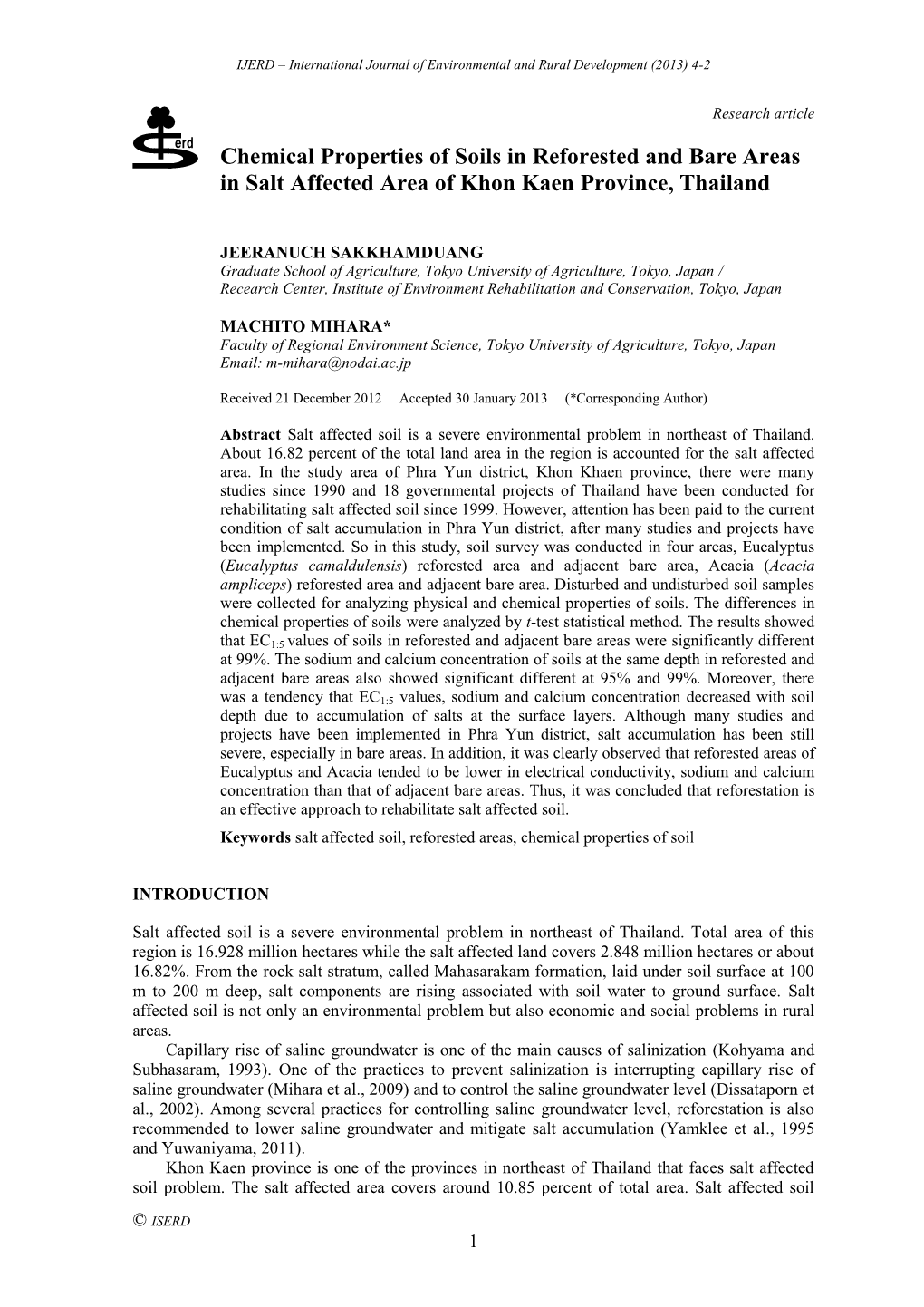 Chemical Properties of Soils in Reforested and Bare Areas in Salt Affected Area of Khon Kaen Province, Thailand