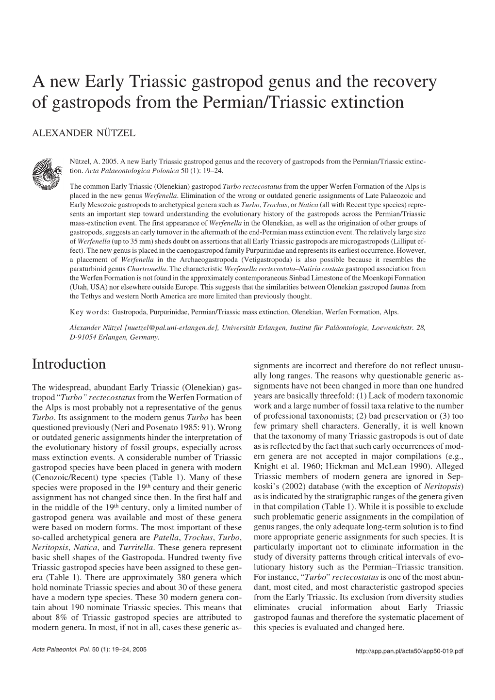 A New Early Triassic Gastropod Genus and the Recovery of Gastropods from the Permian/Triassic Extinction