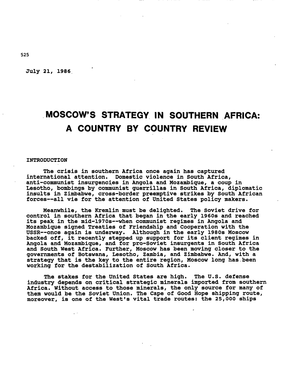 Moscow's Strategy. in Southern .Africa: a Country by Country Review