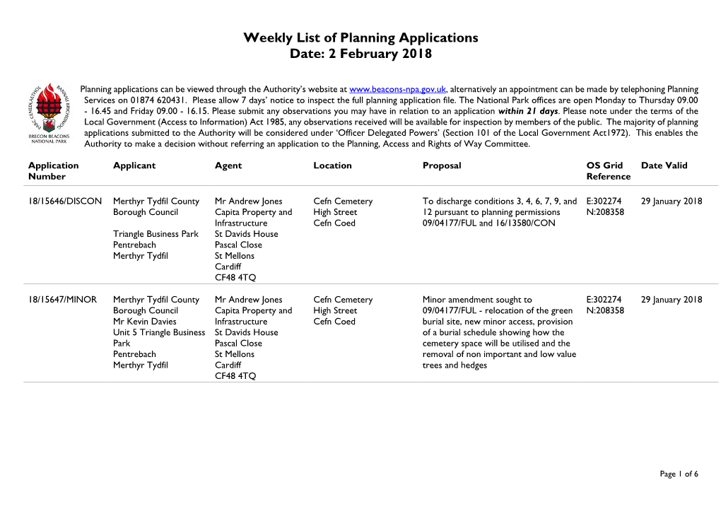 Weekly List of Planning Applications Date: 2 February 2018