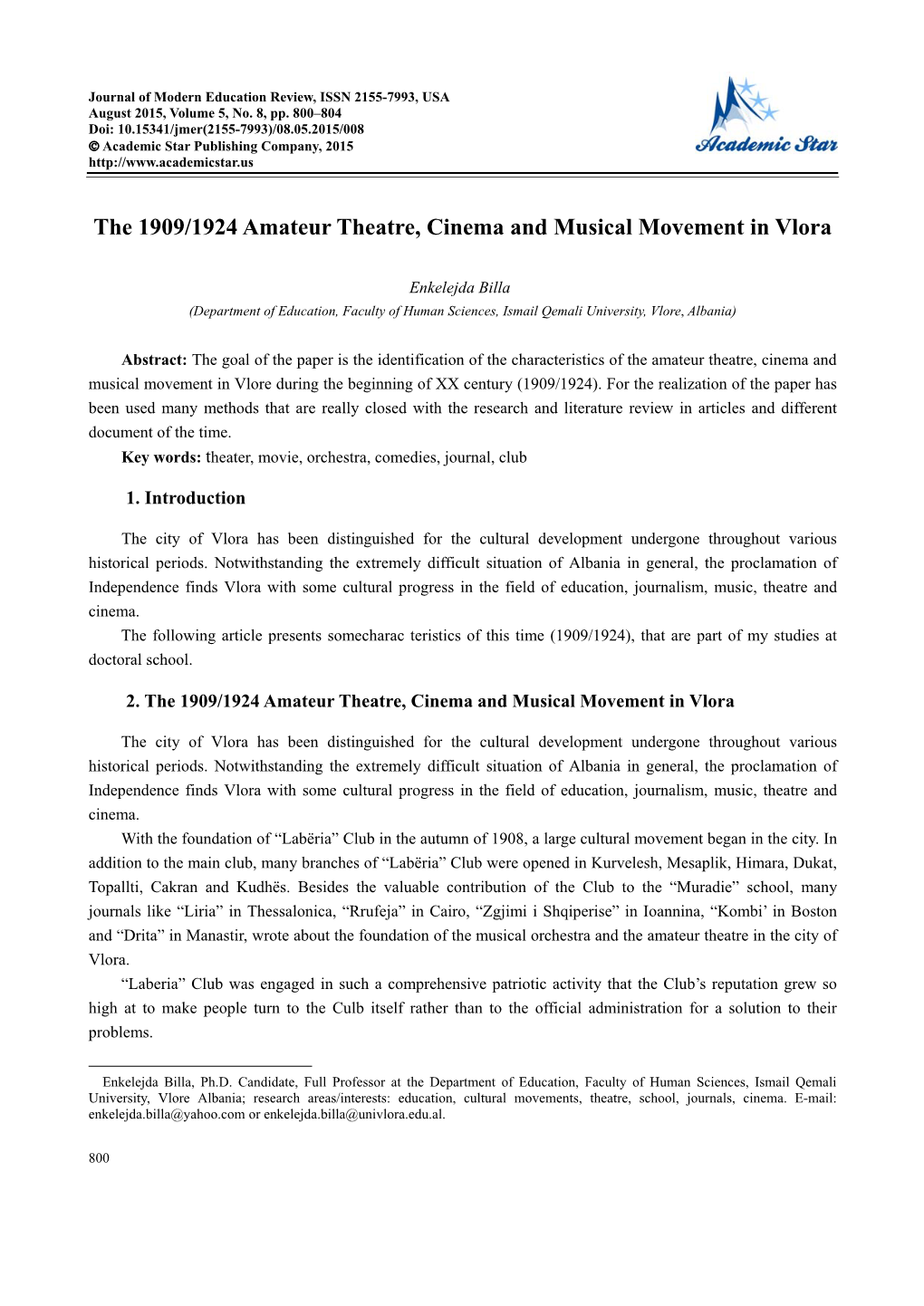 The 1909/1924 Amateur Theatre, Cinema and Musical Movement in Vlora