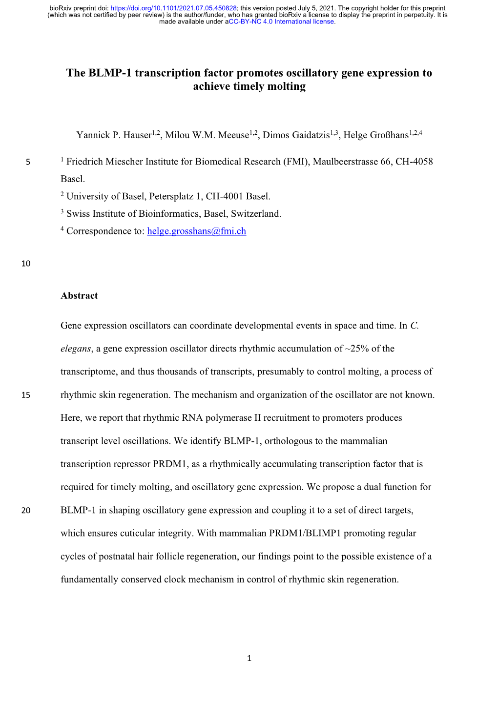 The BLMP-1 Transcription Factor Promotes Oscillatory Gene Expression to Achieve Timely Molting