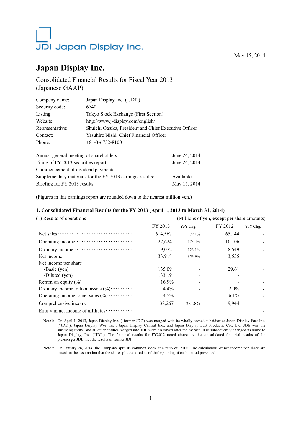 Consolidated Financial Results for FY14/3 (Japanese GAAP)