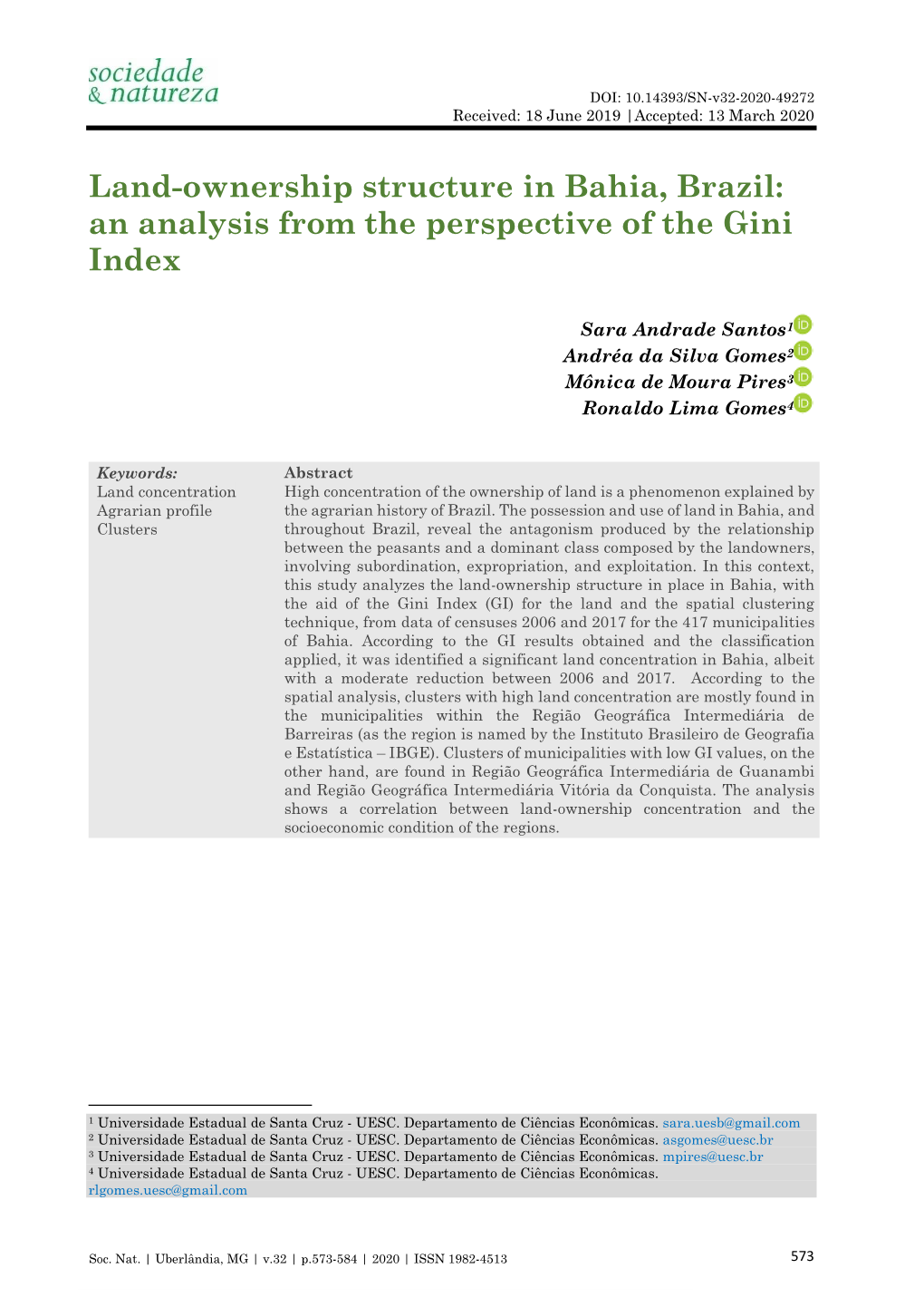 Land-Ownership Structure in Bahia, Brazil: an Analysis from the Perspective of the Gini Index