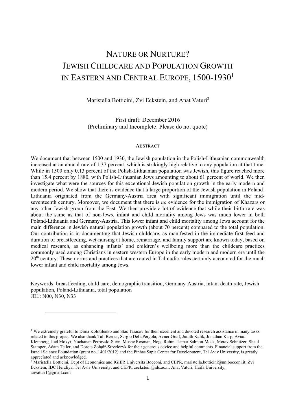 Jewish Childcare and Population Growth in Eastern and Central Europe, 1500-19301