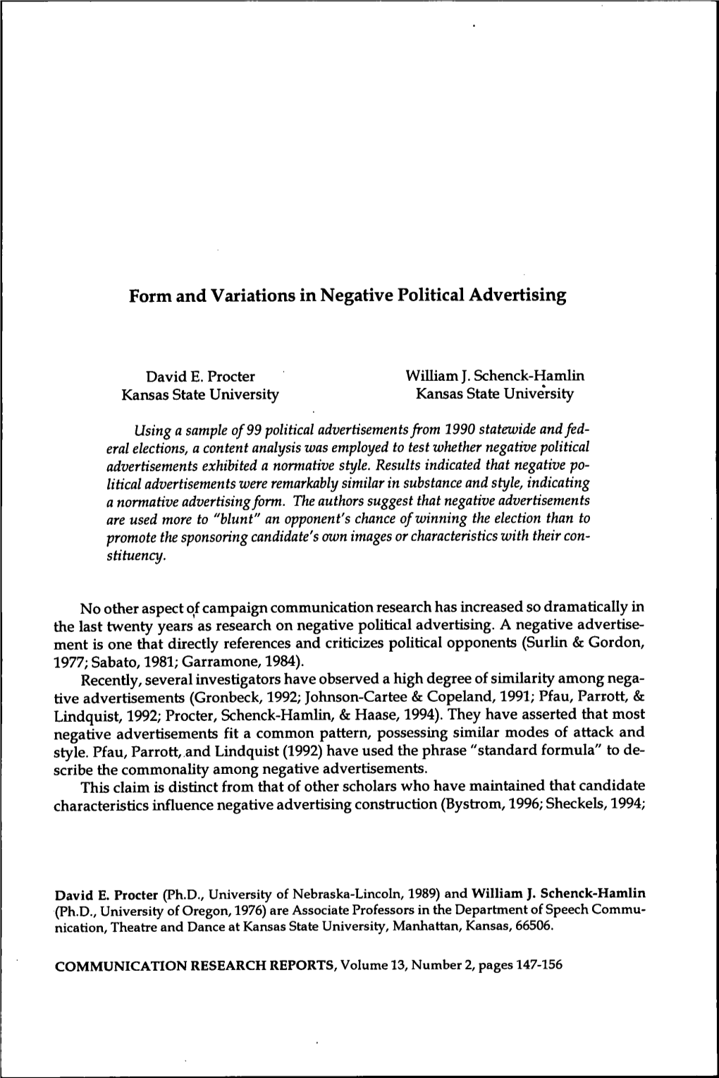 Form and Variations in Negative Political Advertising