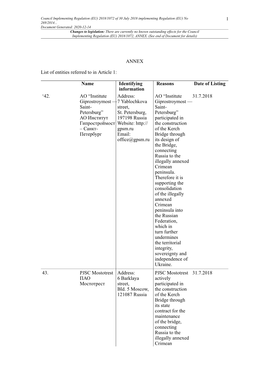 Council Implementing Regulation (EU) 2018/1072 of 30 July 2018 Implementing Regulation (EU) No 1 269/2014