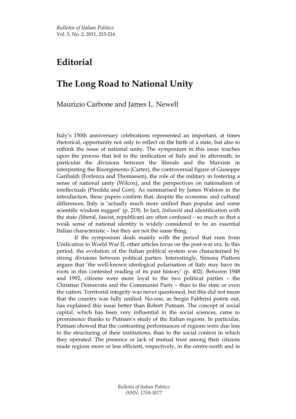 Editorial the Long Road to National Unity