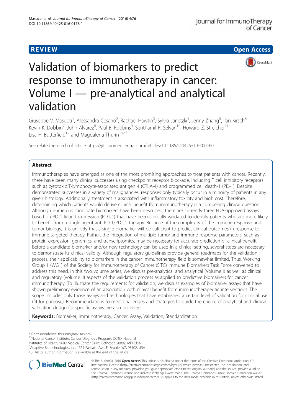 Validation of Biomarkers to Predict Response to Immunotherapy in Cancer: Volume I — Pre-Analytical and Analytical Validation Giuseppe V