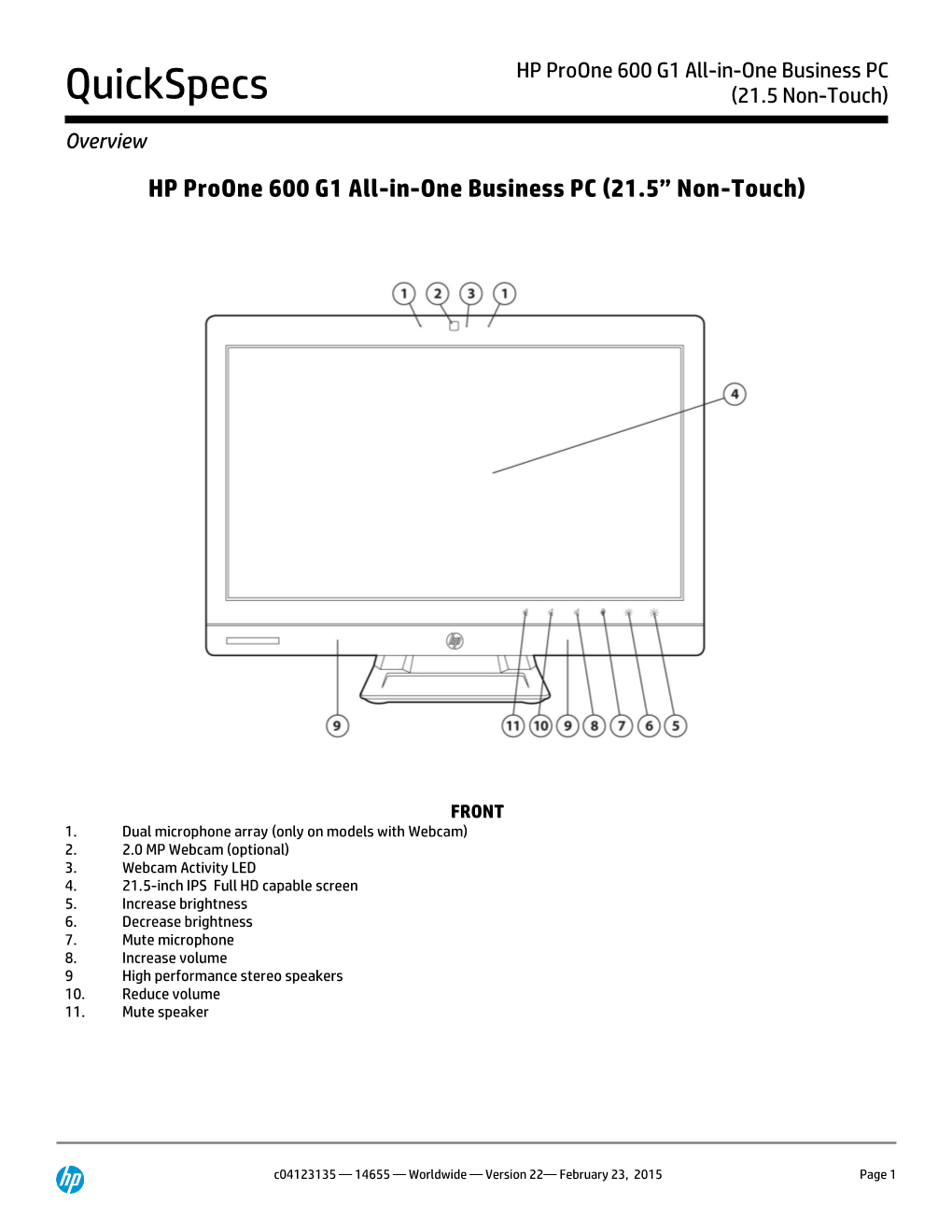 HP Proone 600 G1 All-In-One Business PC Quickspecs (21.5 Non-Touch)