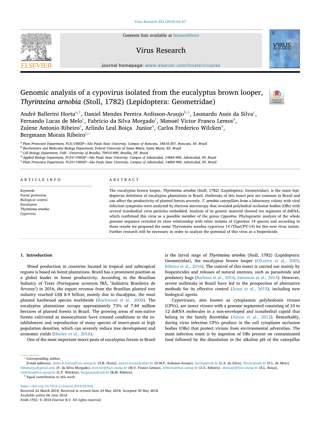 Genomic Analysis of a Cypovirus Isolated from the Eucalyptus Brown Looper, T Thyrinteina Arnobia (Stoll, 1782) (Lepidoptera: Geometridae)