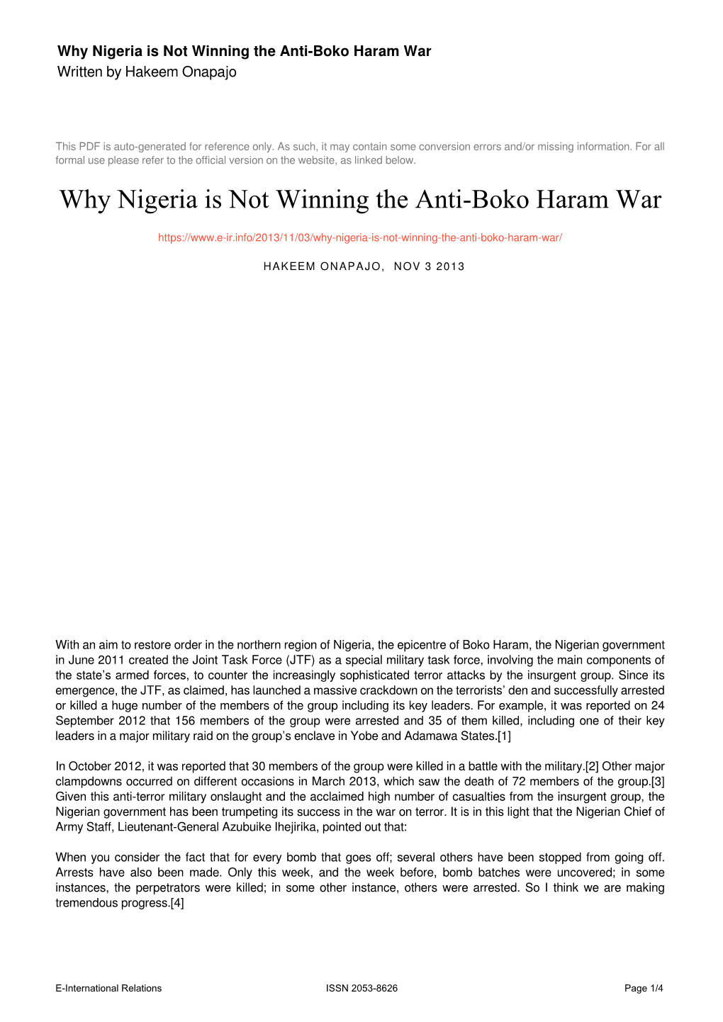 Why Nigeria Is Not Winning the Anti-Boko Haram War Written by Hakeem Onapajo