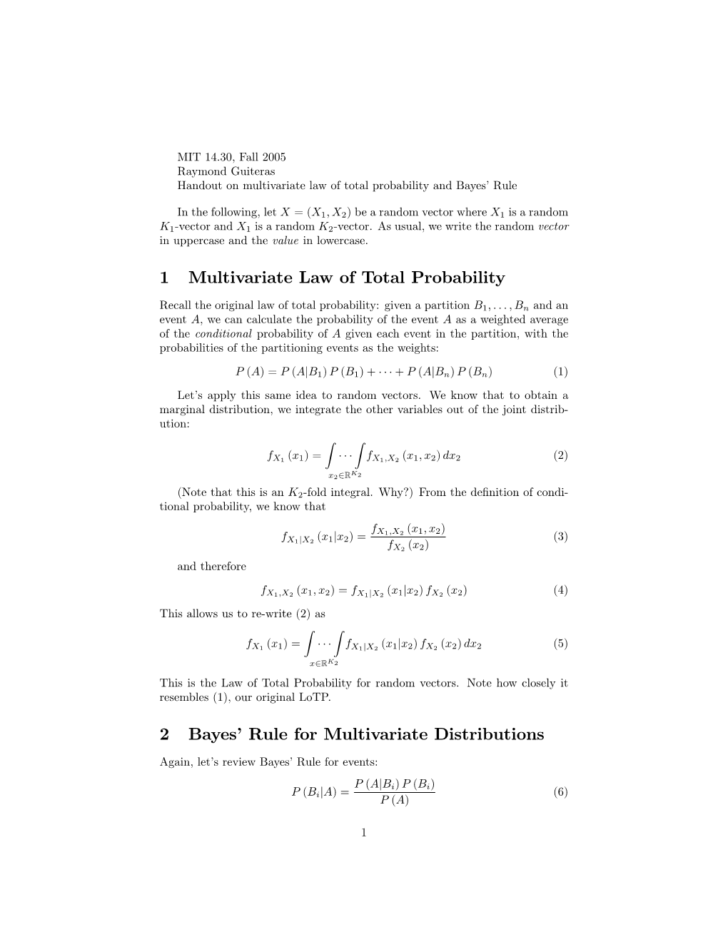 1 Multivariate Law of Total Probability 2 Bayes8rule for Multivariate