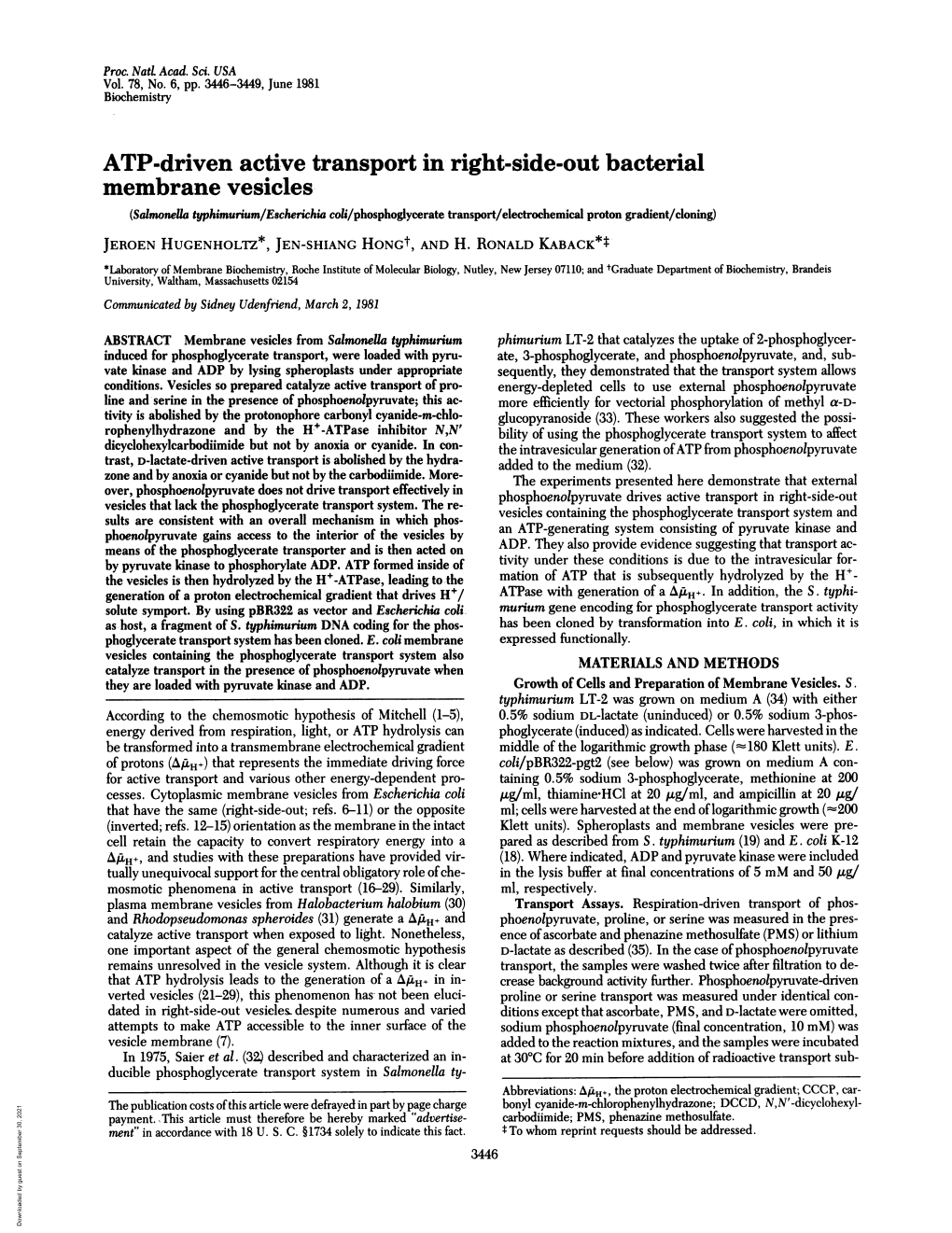 ATP-Driven Active Transport in Right-Side-Out Bacterial Membrane