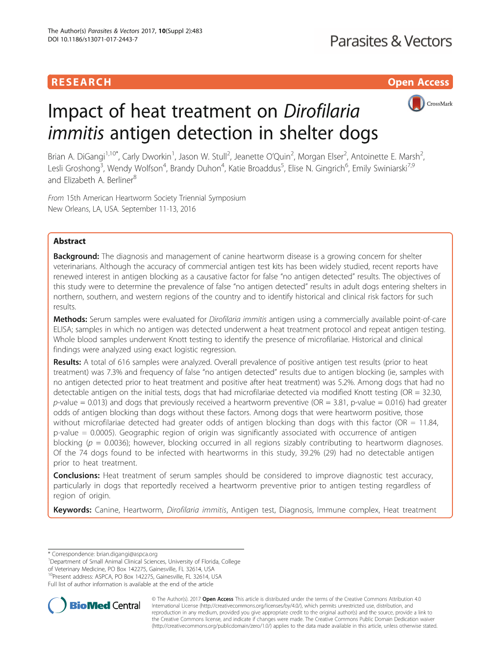 Impact of Heat Treatment on Dirofilaria Immitis Antigen Detection in Shelter Dogs Brian A