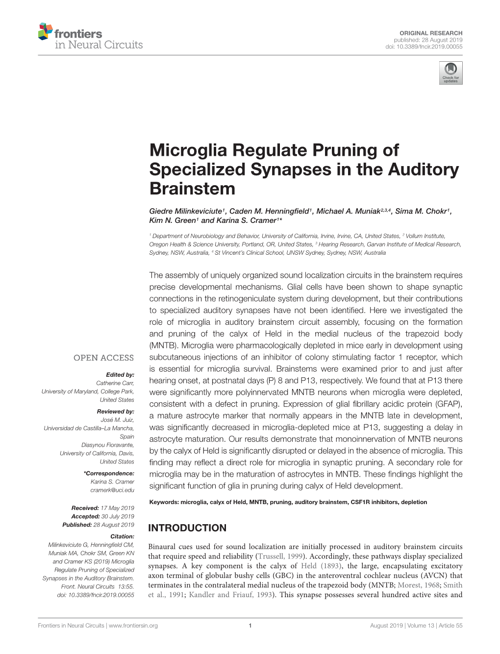 Microglia Regulate Pruning of Specialized Synapses in the Auditory Brainstem