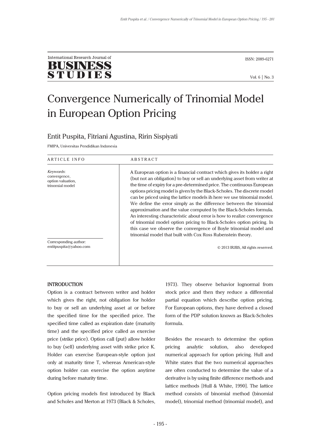 Convergence Numerically of Trinomial Model in European Option Pricing / 195 - 201