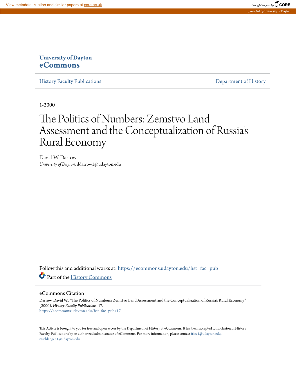 Zemstvo Land Assessment and the Conceptualization of Russia's Rural Economy David W