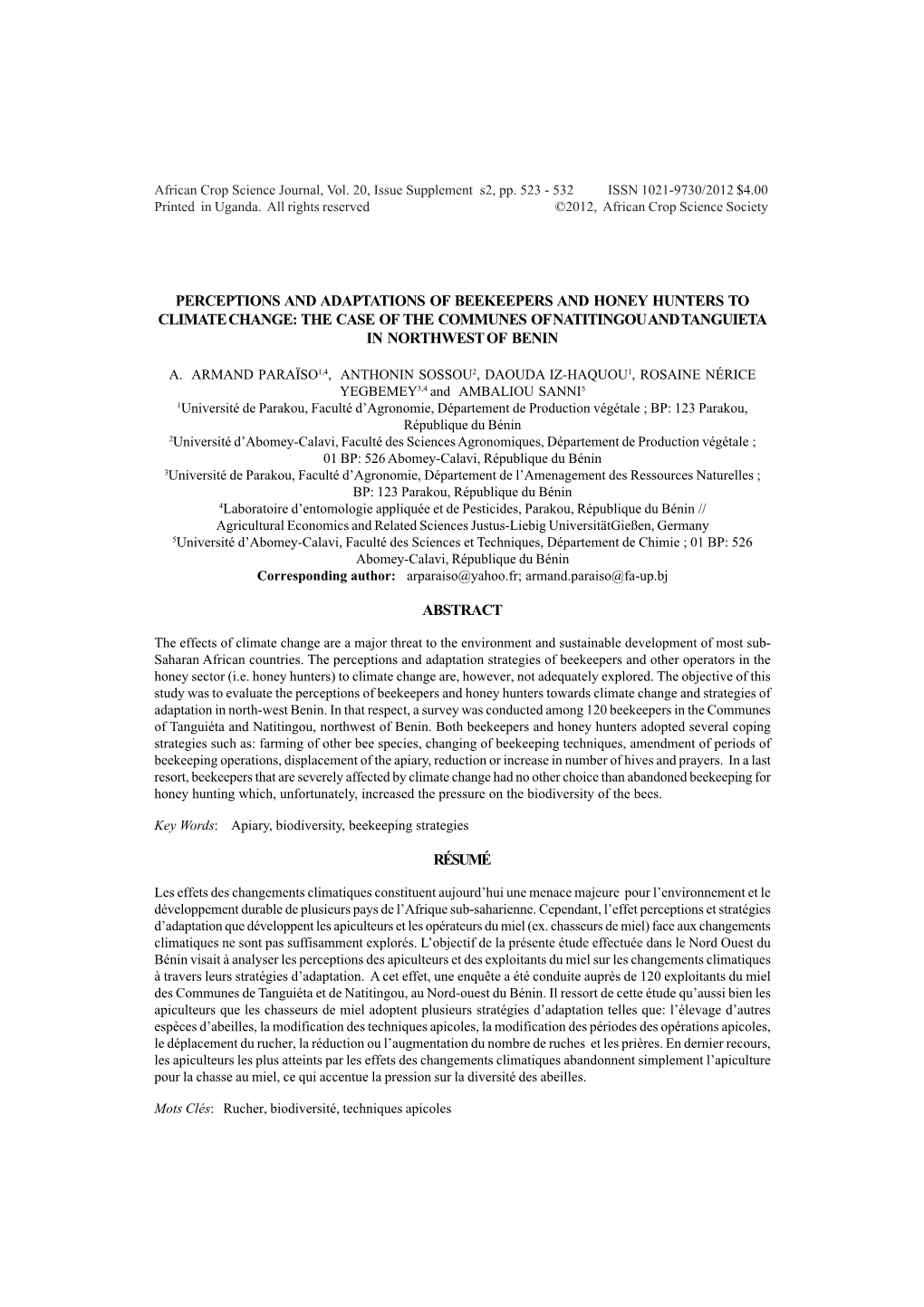 Perceptions and Adaptations of Beekeepers and Honey Hunters to Climate Change: the Case of the Communes of Natitingou and Tanguieta in Northwest of Benin