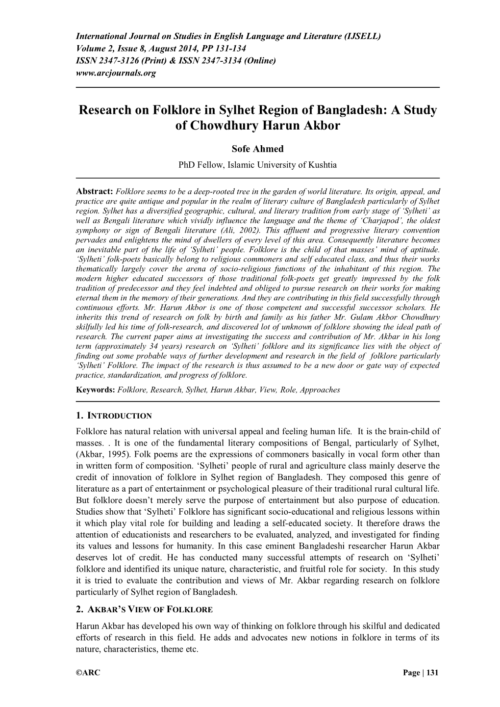 Research on Folklore in Sylhet Region of Bangladesh: a Study of Chowdhury Harun Akbor