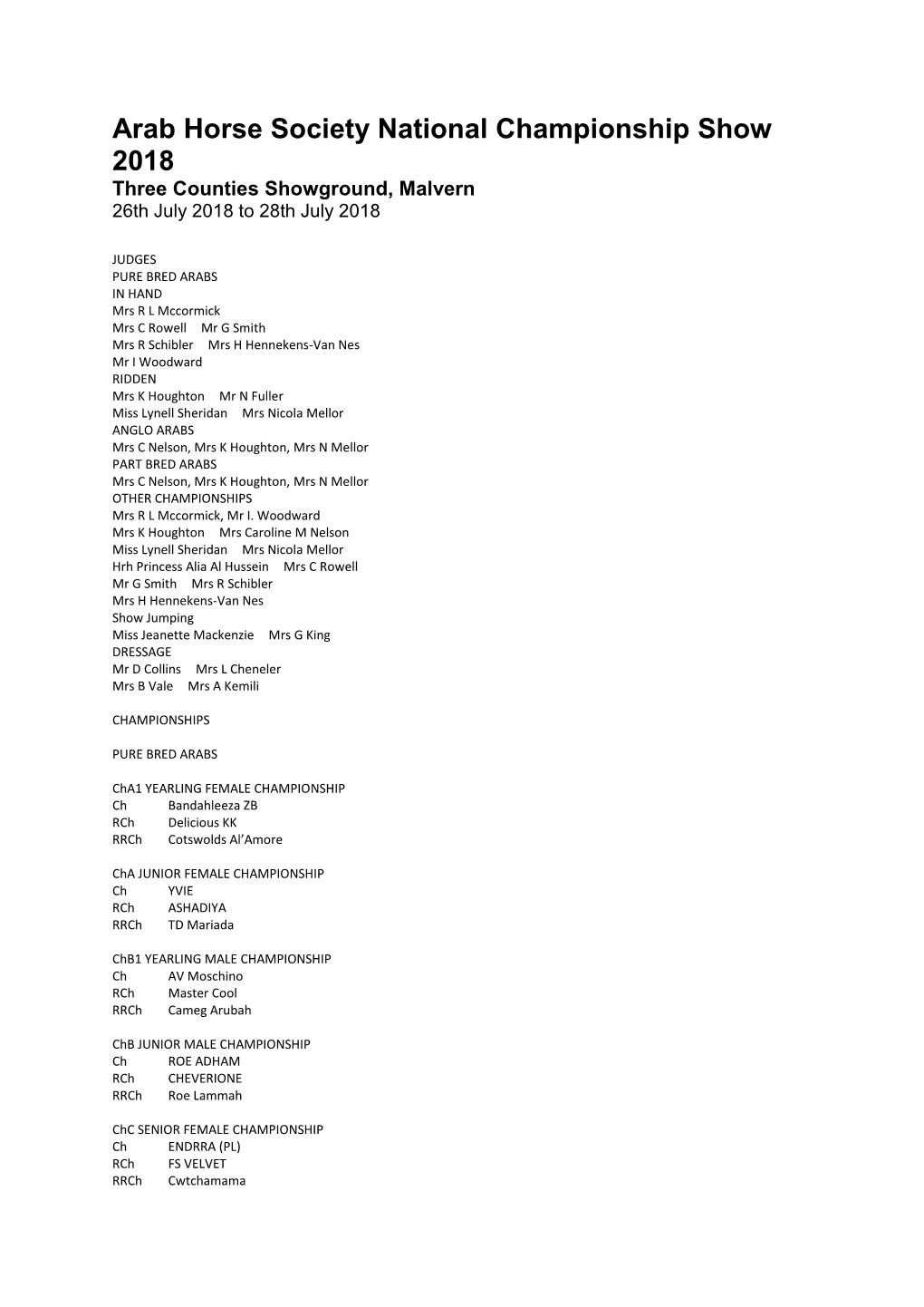 Arab Horse Society National Championship Show 2018 Three Counties Showground, Malvern 26Th July 2018 to 28Th July 2018