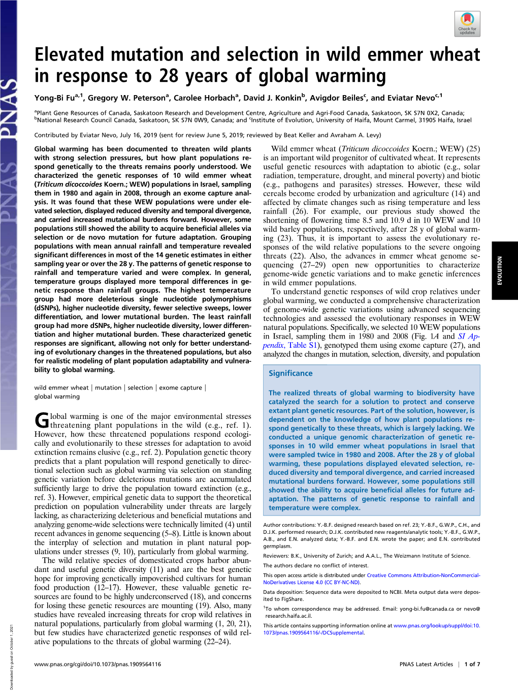 Elevated Mutation and Selection in Wild Emmer Wheat in Response to 28 Years of Global Warming