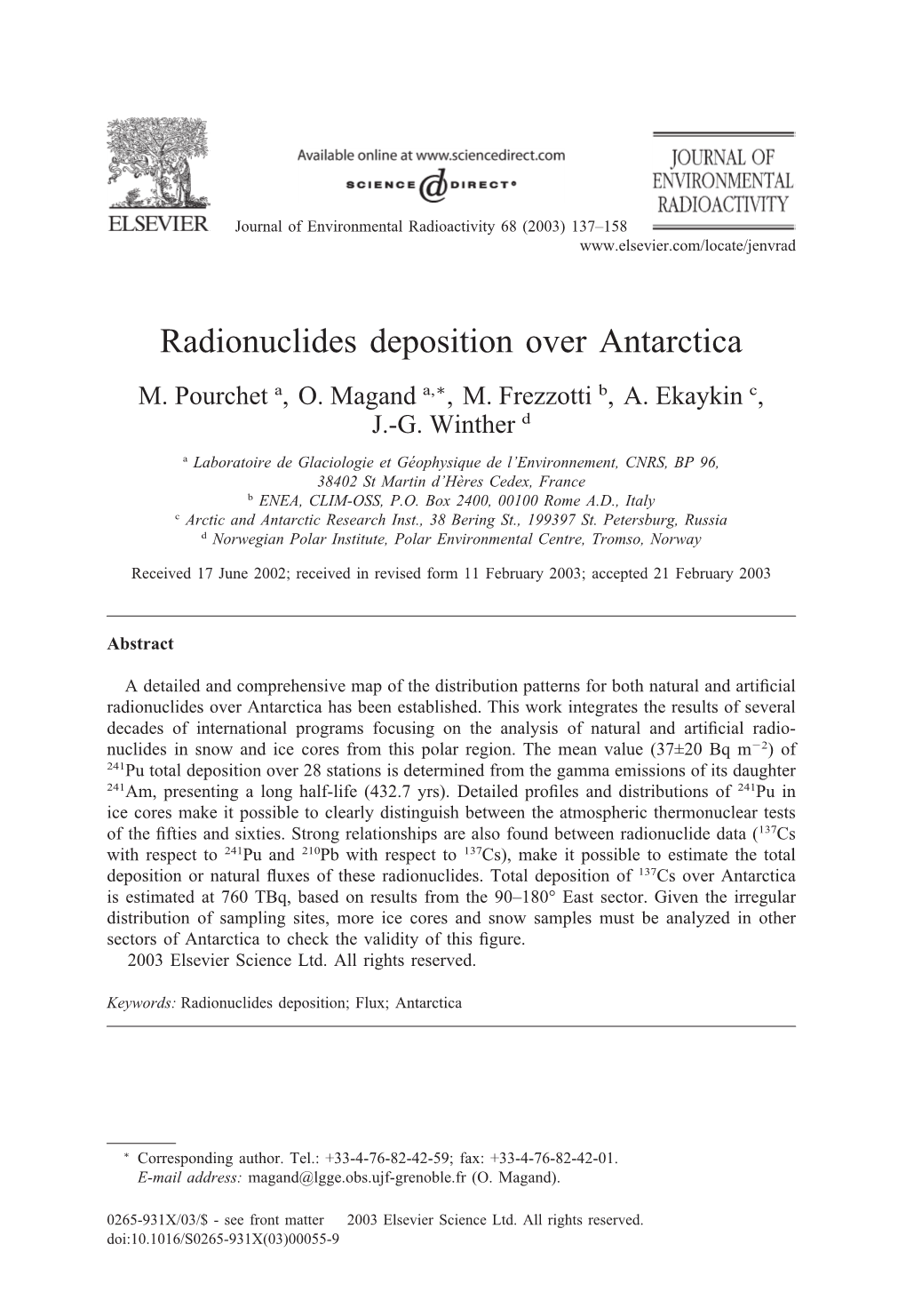 Radionuclides Deposition Over Antarctica M