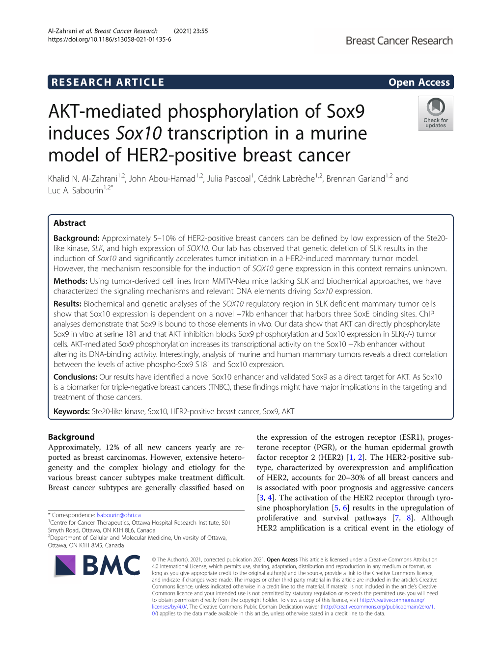 AKT-Mediated Phosphorylation of Sox9 Induces Sox10 Transcription in a Murine Model of HER2-Positive Breast Cancer Khalid N