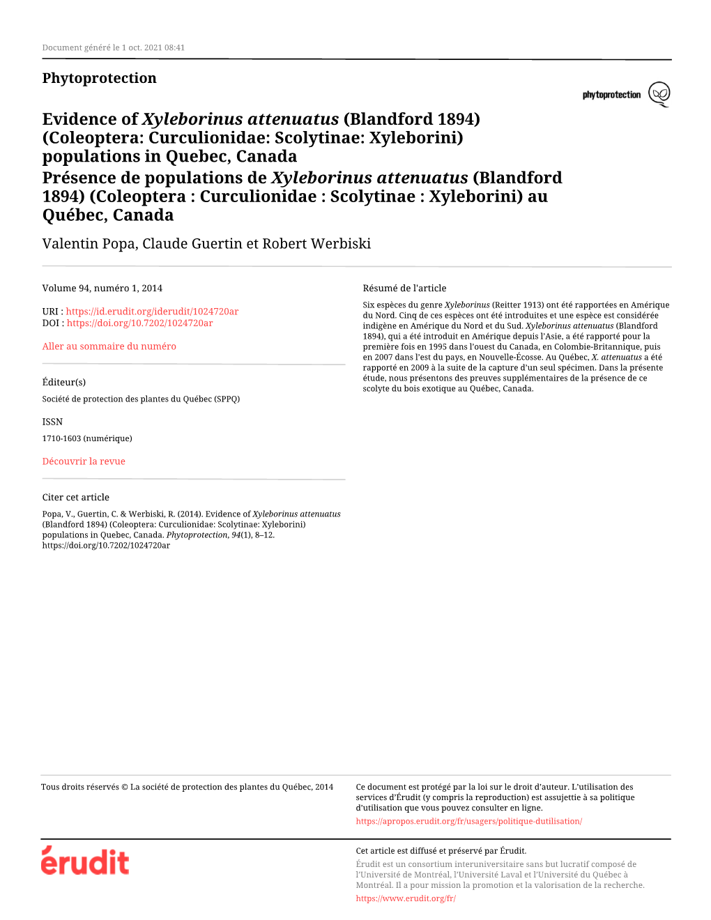 Evidence of Xyleborinus Attenuatus (Blandford 1894) (Coleoptera: Curculionidae: Scolytinae: Xyleborini) Populations in Quebec, C