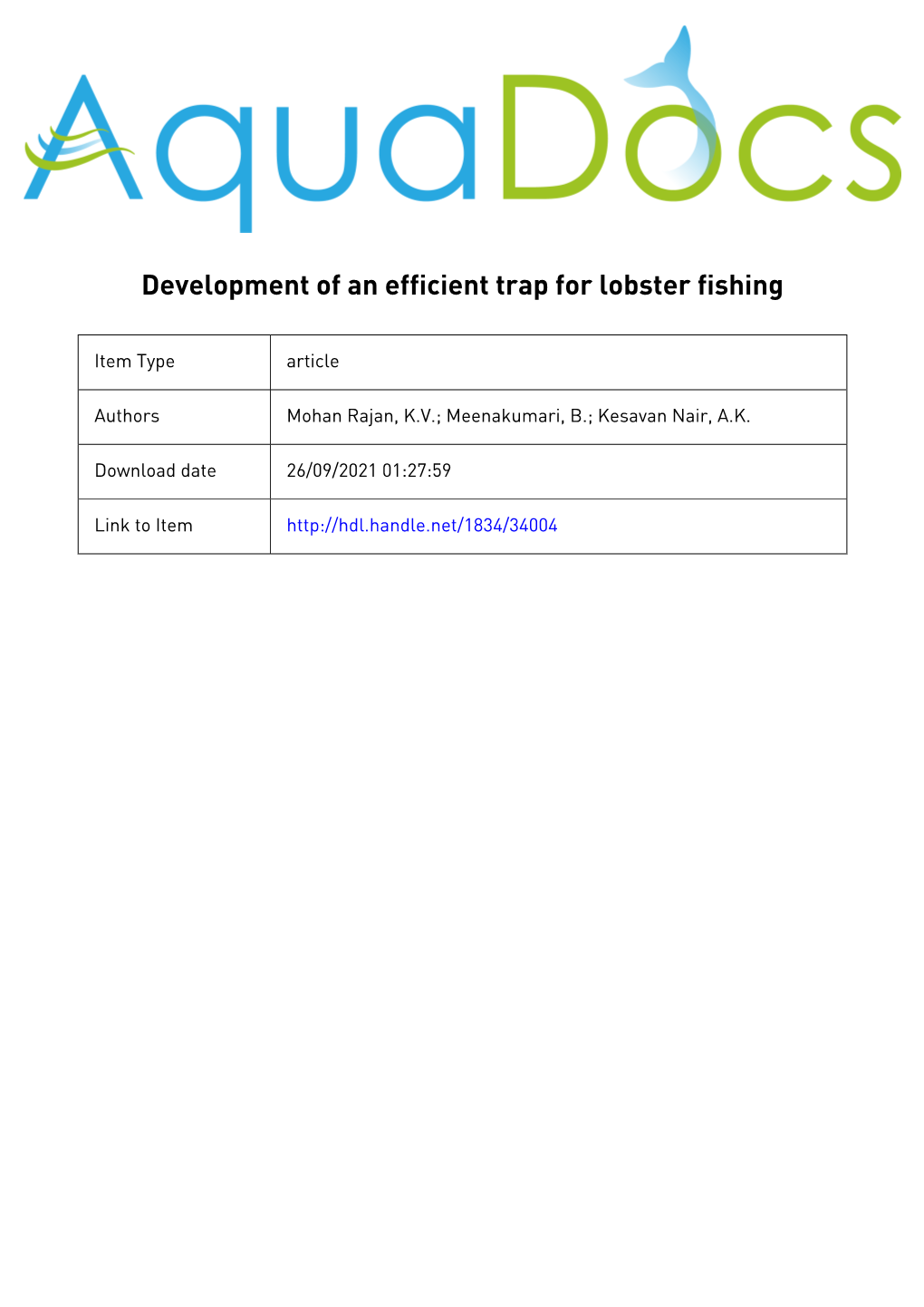 Development of an Efficient Trap for Lobster Fishing