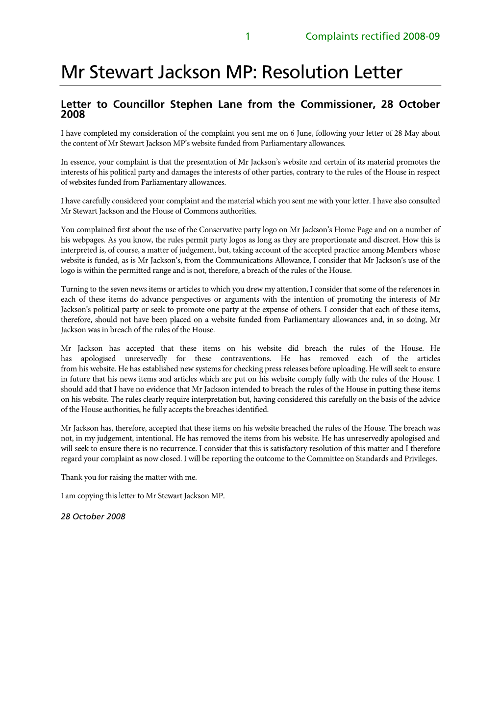 Mr Stewart Jackson MP: Resolution Letter