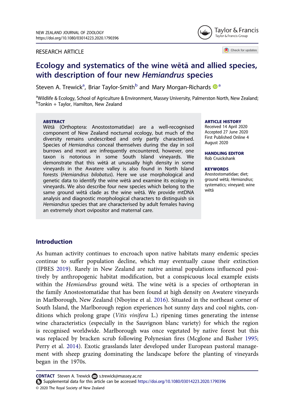 Ecology and Systematics of the Wine Wētā and Allied Species, with Description of Four New Hemiandrus Species Steven A