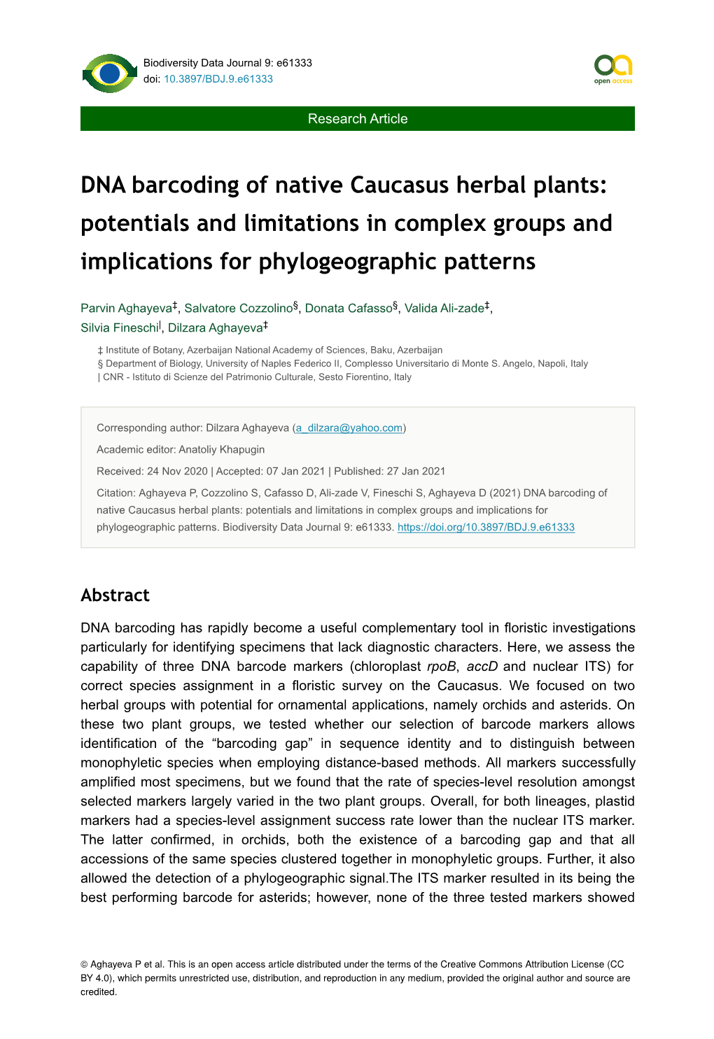 DNA Barcoding of Native Caucasus Herbal Plants: Potentials and Limitations in Complex Groups and Implications for Phylogeographic Patterns