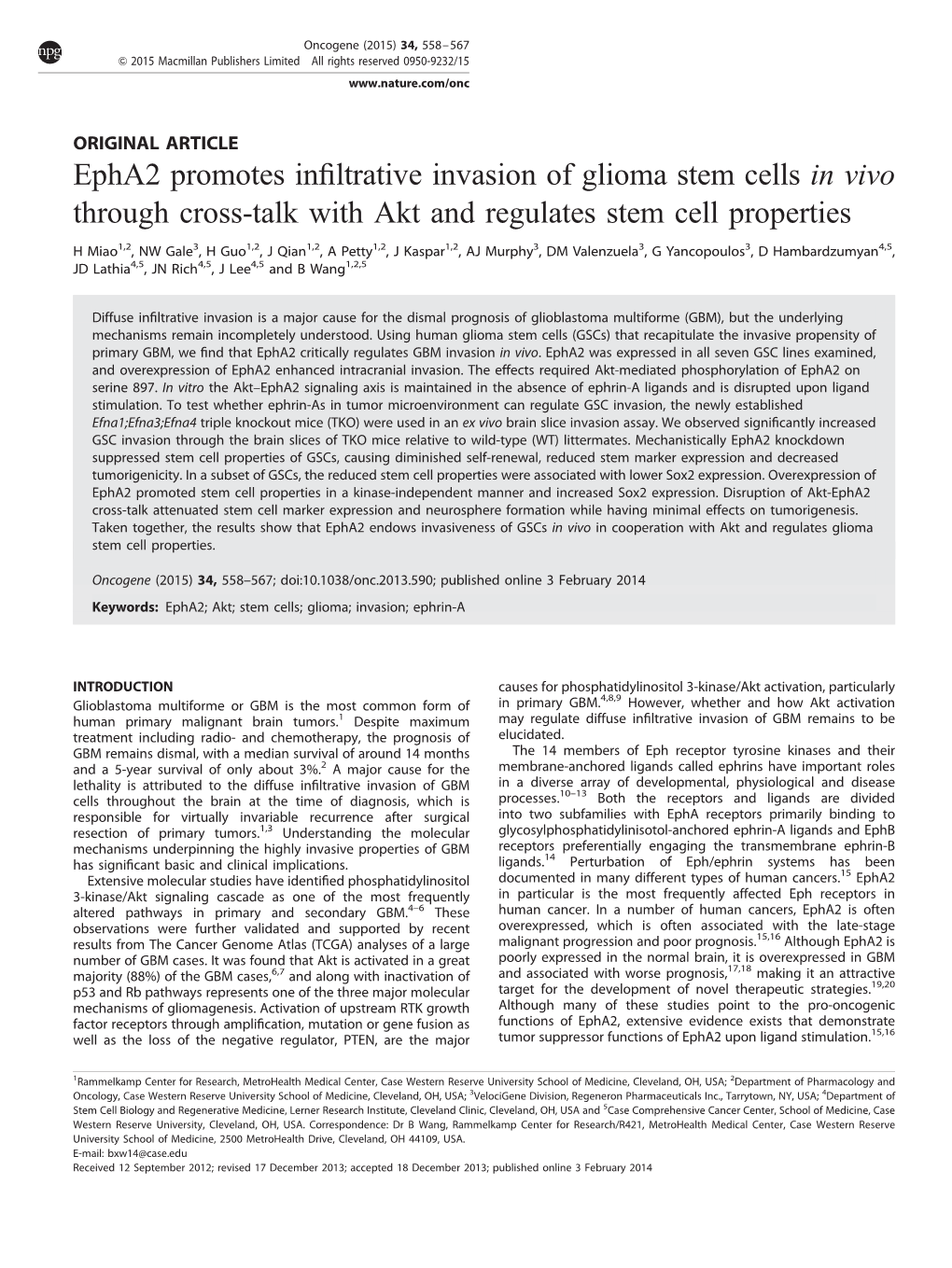 Epha2 Promotes Infiltrative Invasion of Glioma Stem Cells in Vivo Through Cross-Talk with Akt and Regulates Stem Cell Properties