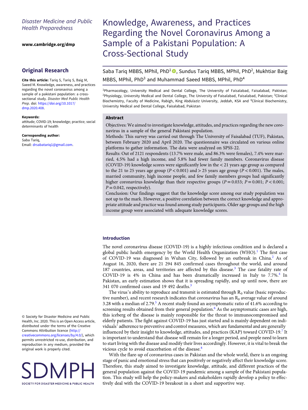 Knowledge, Awareness, and Practices Regarding the Novel Coronavirus Among a Sample of a Pakistani Population: a Cross-Sectional Study